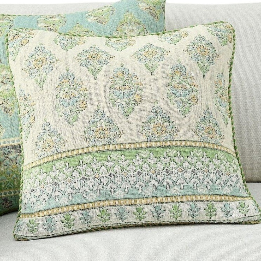 Pottery Barn Jaya Jacquard Pillow Cover ONLY 20x20 Green Blue Reversible Cottage